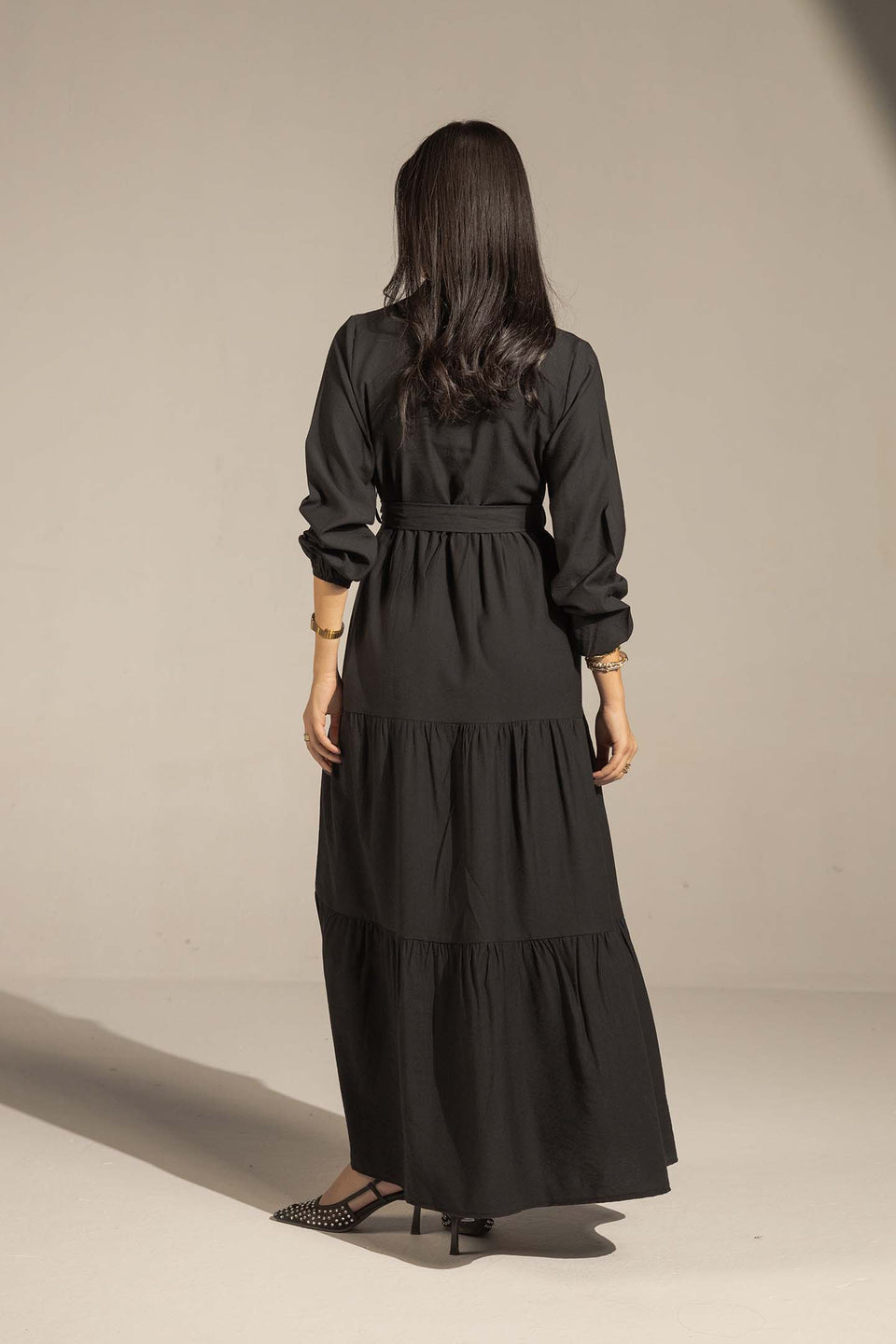 Black Tiered Belted Maxi Dress