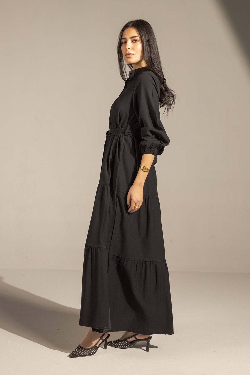 Black Tiered Belted Maxi Dress
