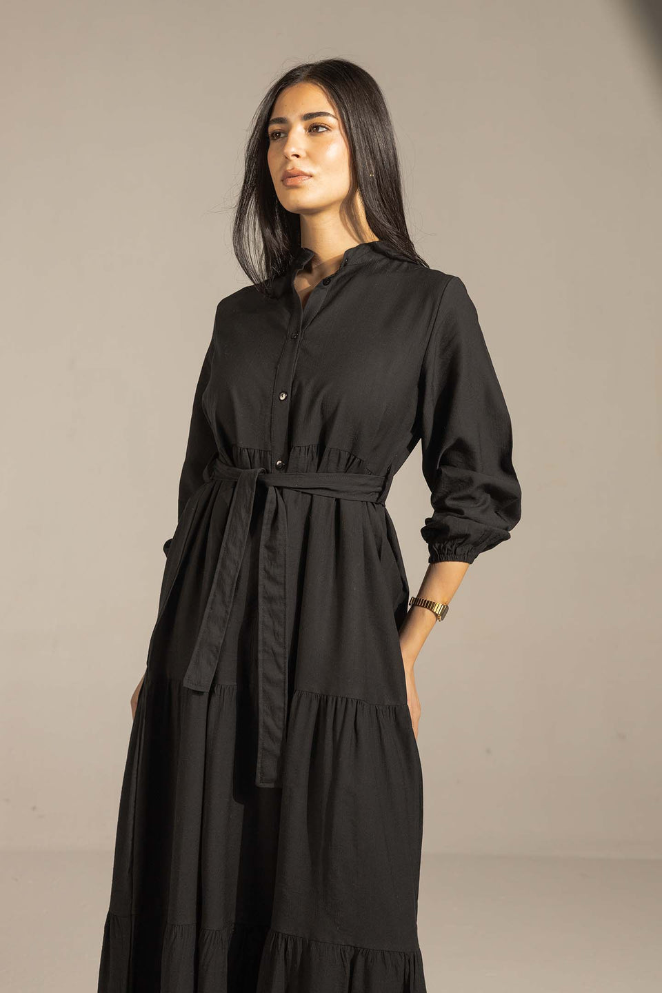 Black Tiered Belted Maxi Dress