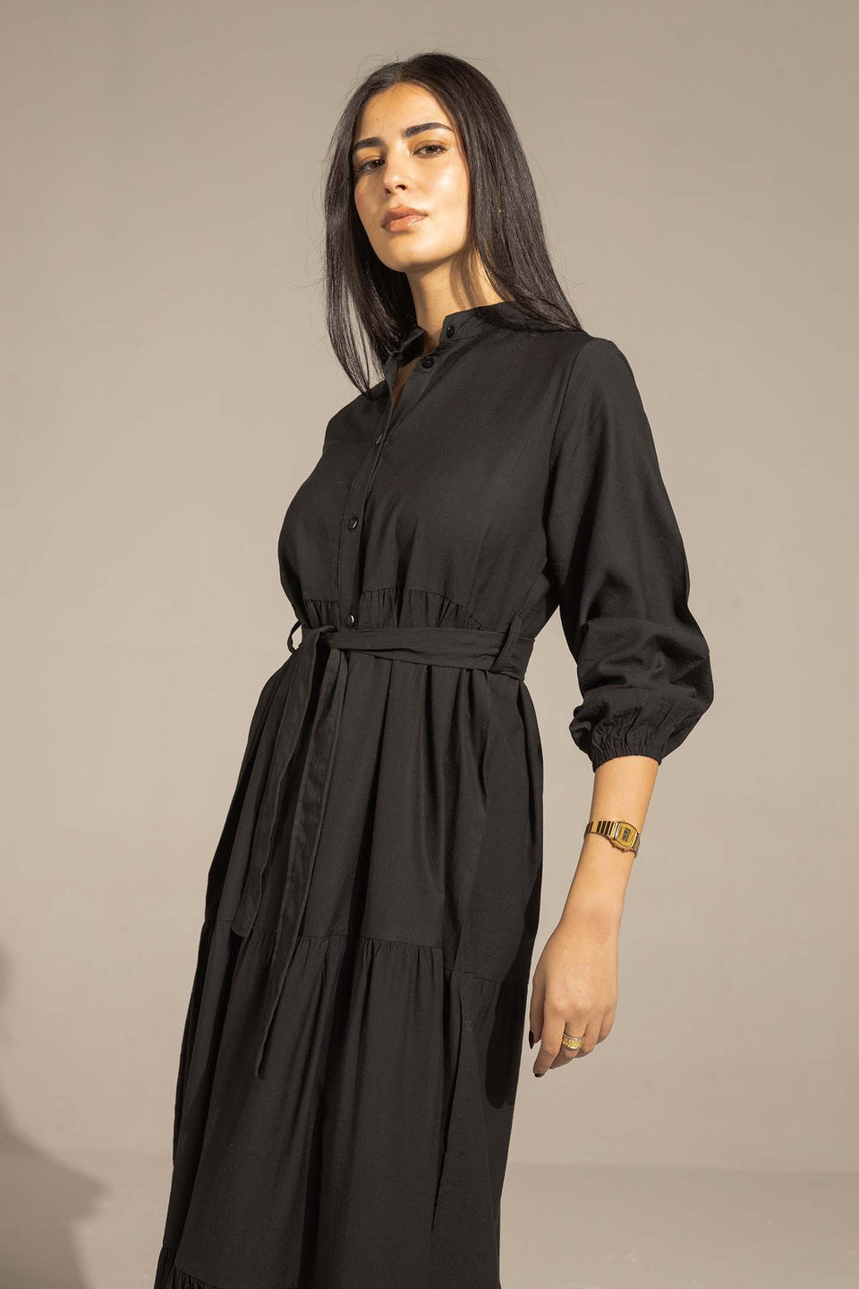 Black Tiered Belted Maxi Dress