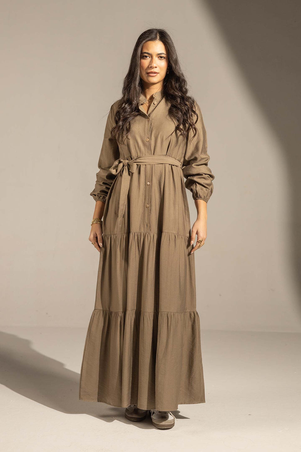 Coffe Tiered Belted Maxi Dress
