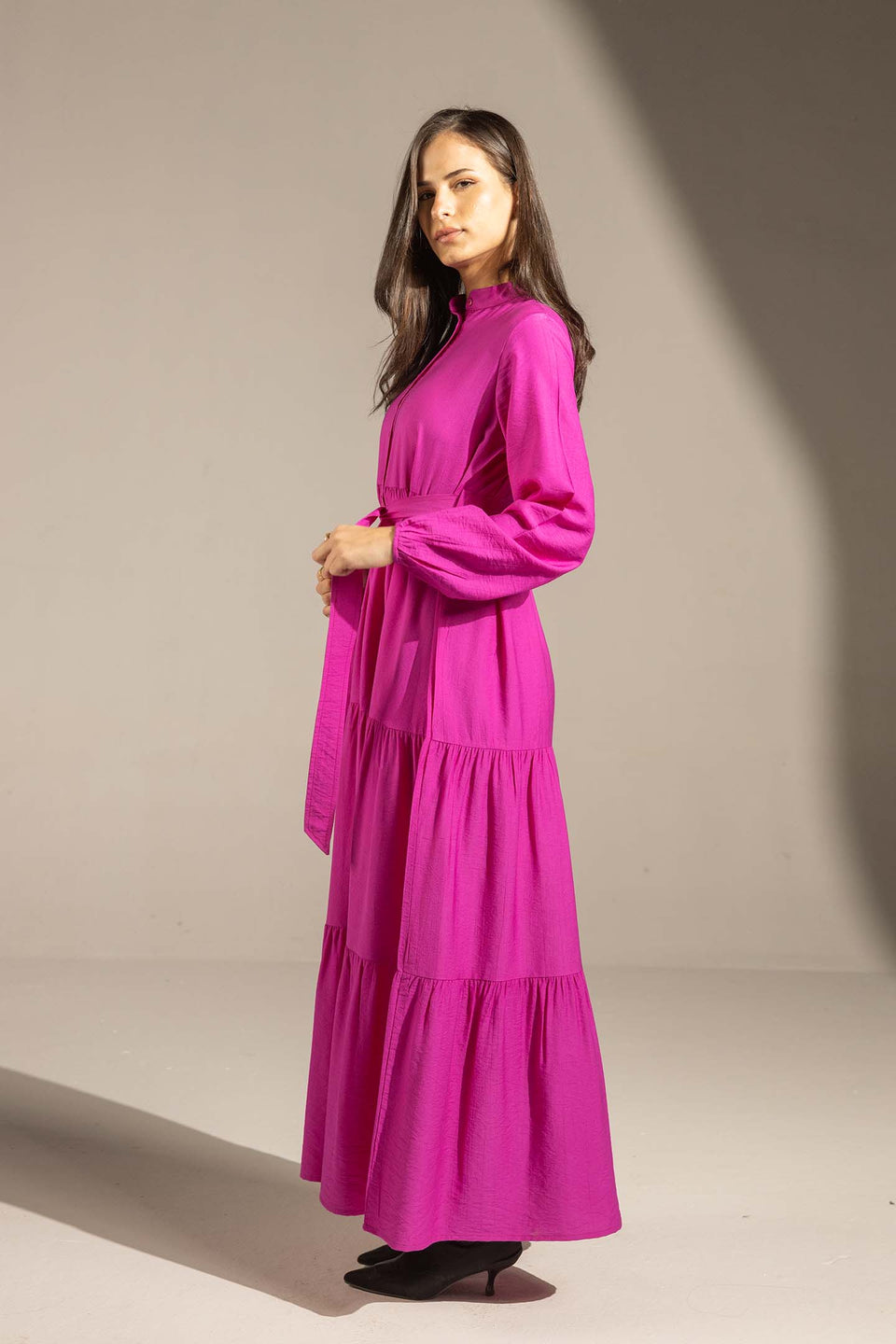 Purple Tiered Belted Maxi Dress