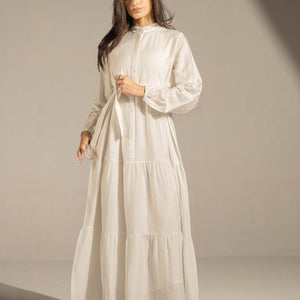 White Tiered Belted Maxi Dress