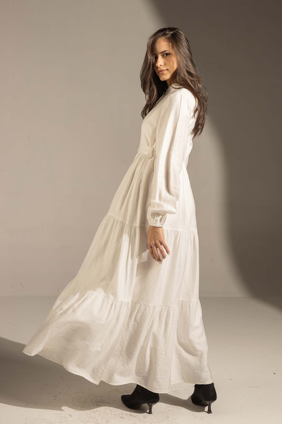 White Tiered Belted Maxi Dress