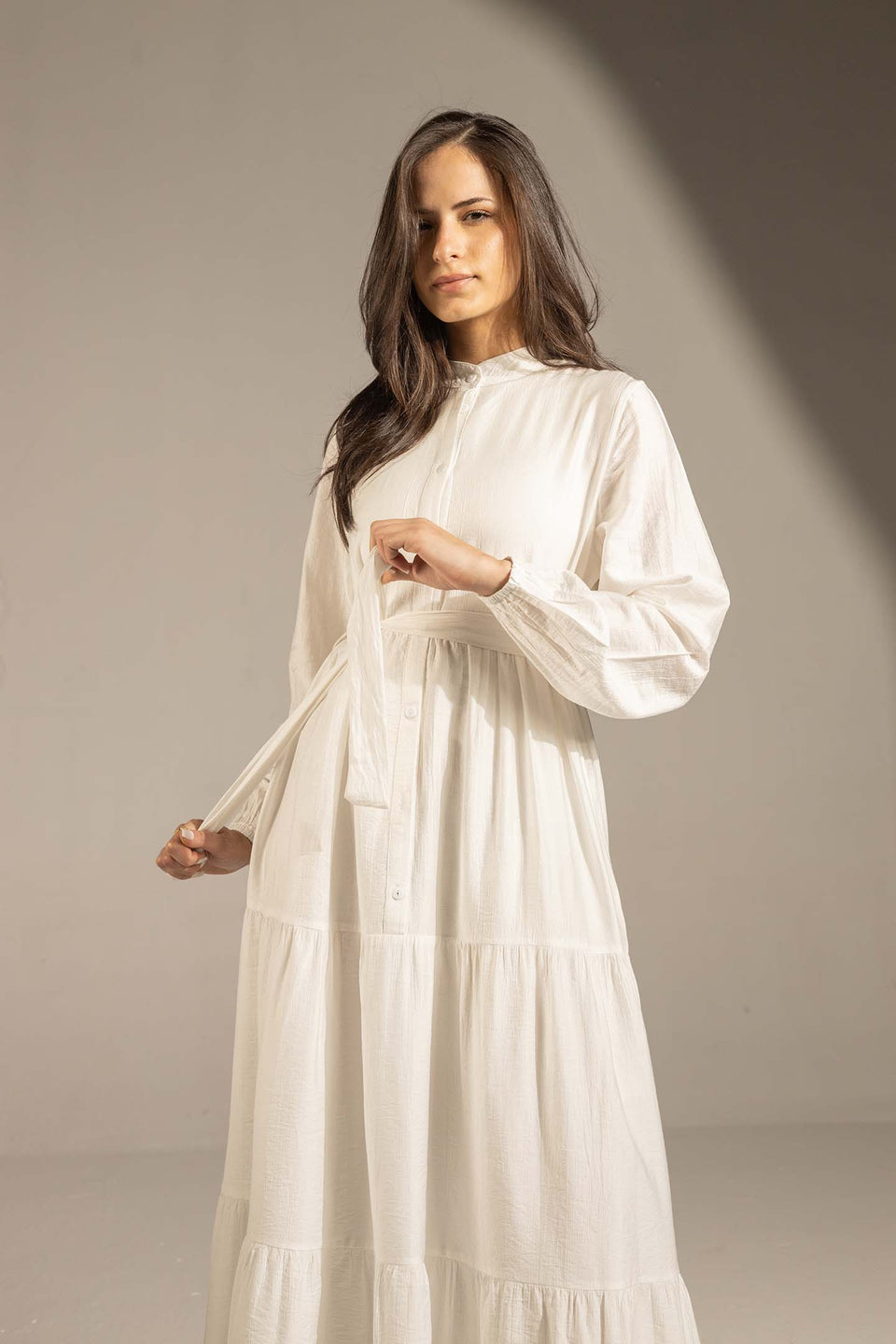 White Tiered Belted Maxi Dress