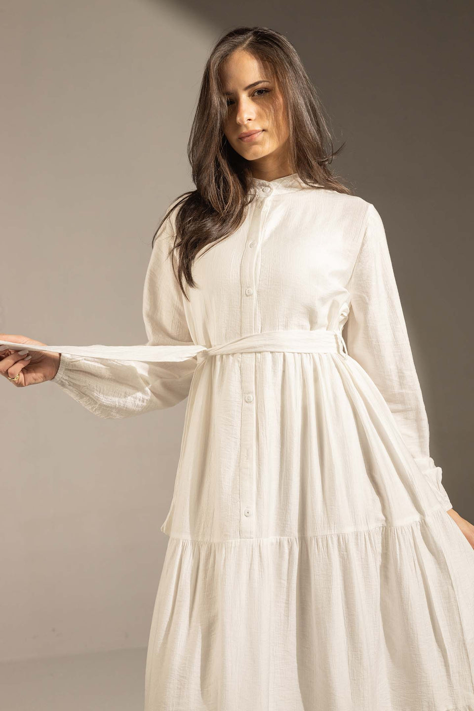 White Tiered Belted Maxi Dress