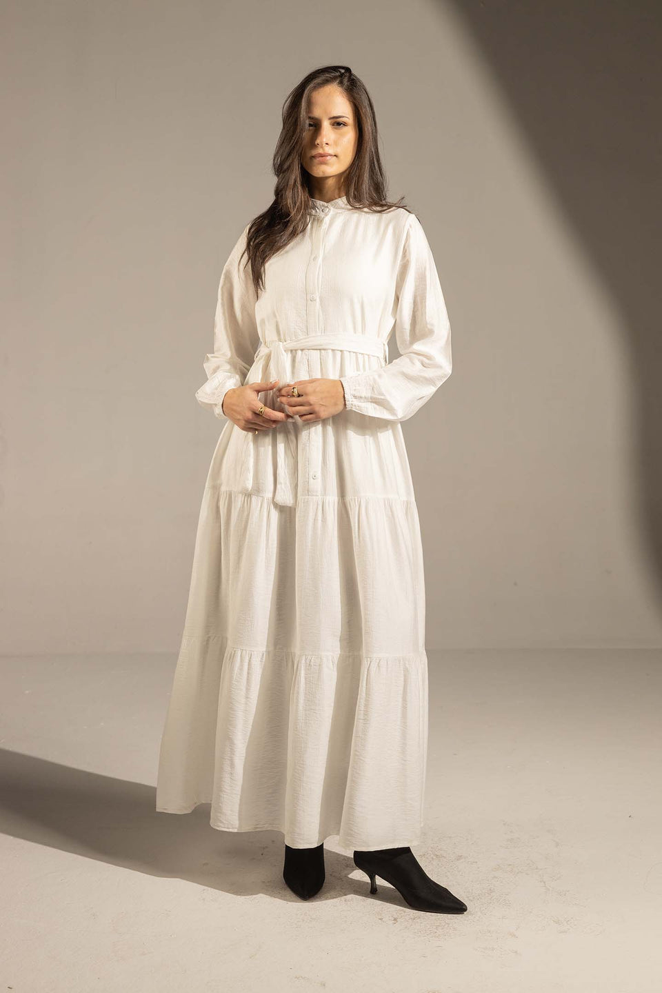 White Tiered Belted Maxi Dress