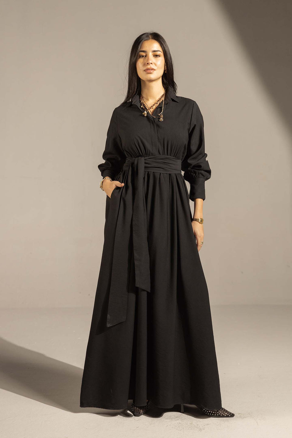 Black Wrap Waist Maxi Dress