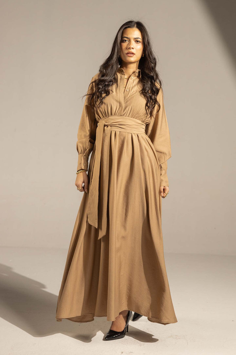 Coffe Wrap Waist Maxi Dress