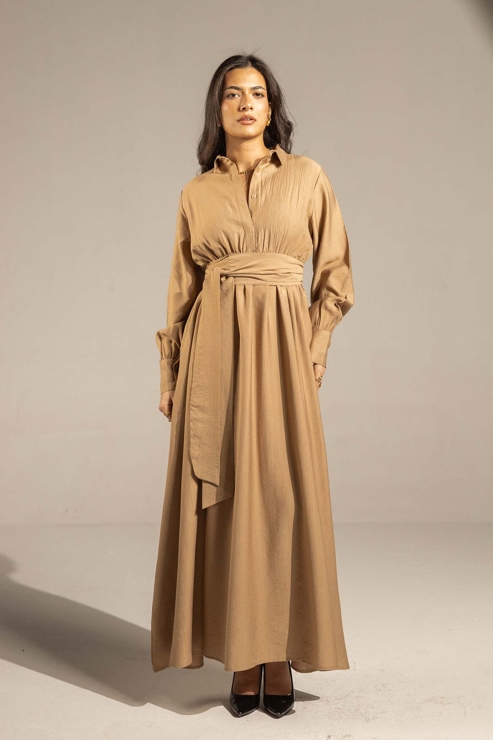 Coffe Wrap Waist Maxi Dress