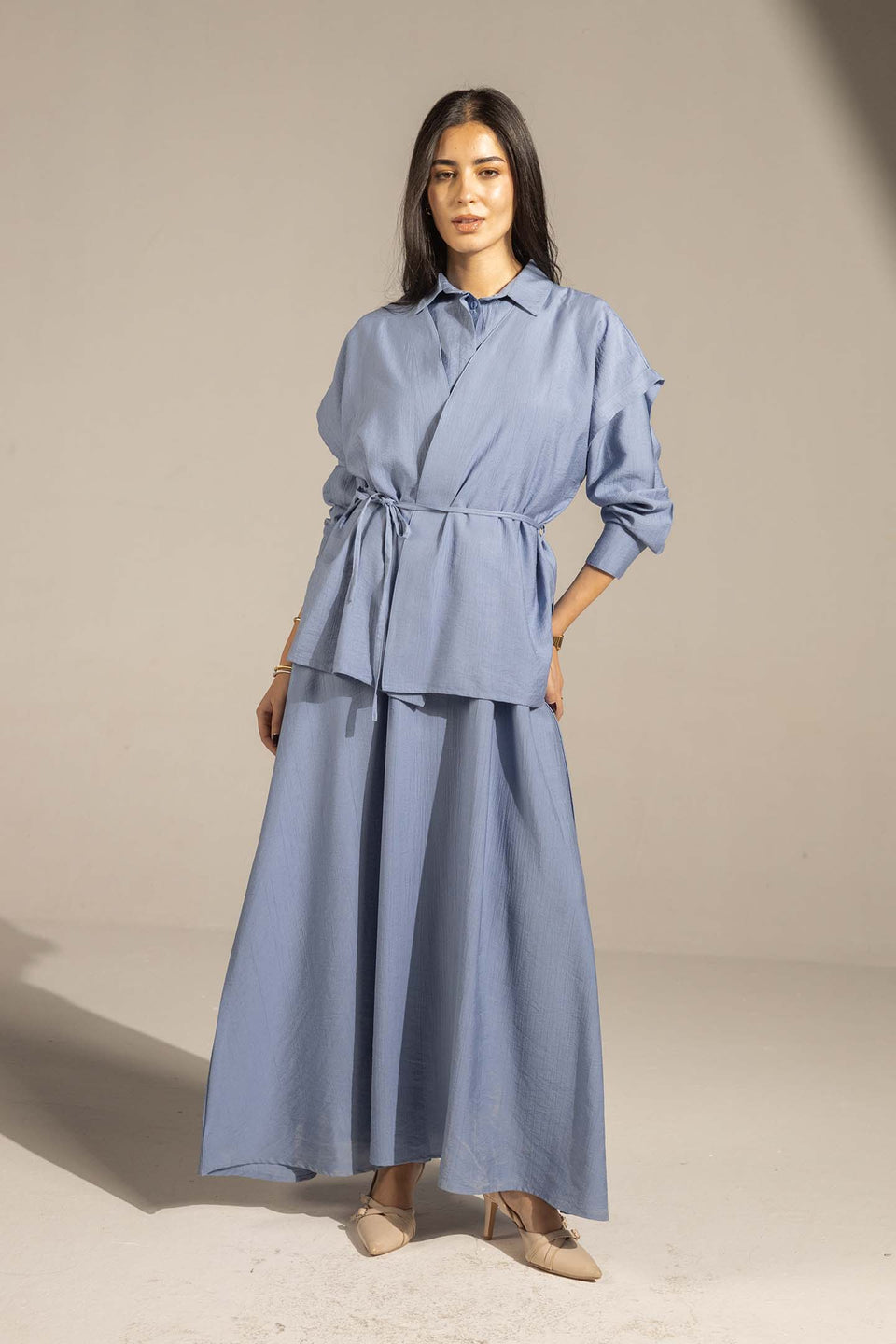 Blue Layered Dress with Wrap Cardigan