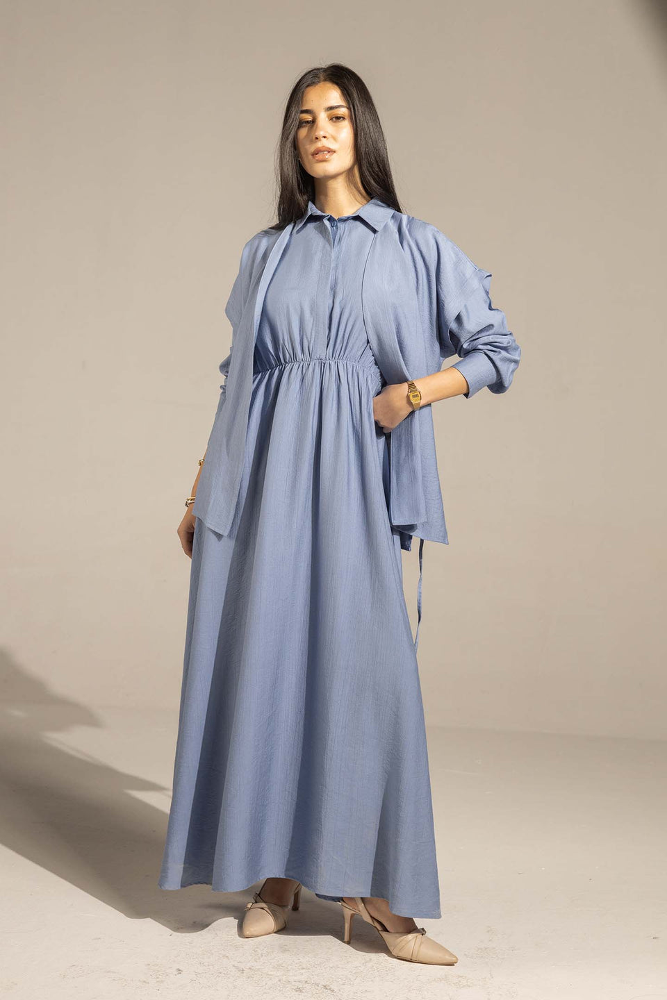 Blue Layered Dress with Wrap Cardigan