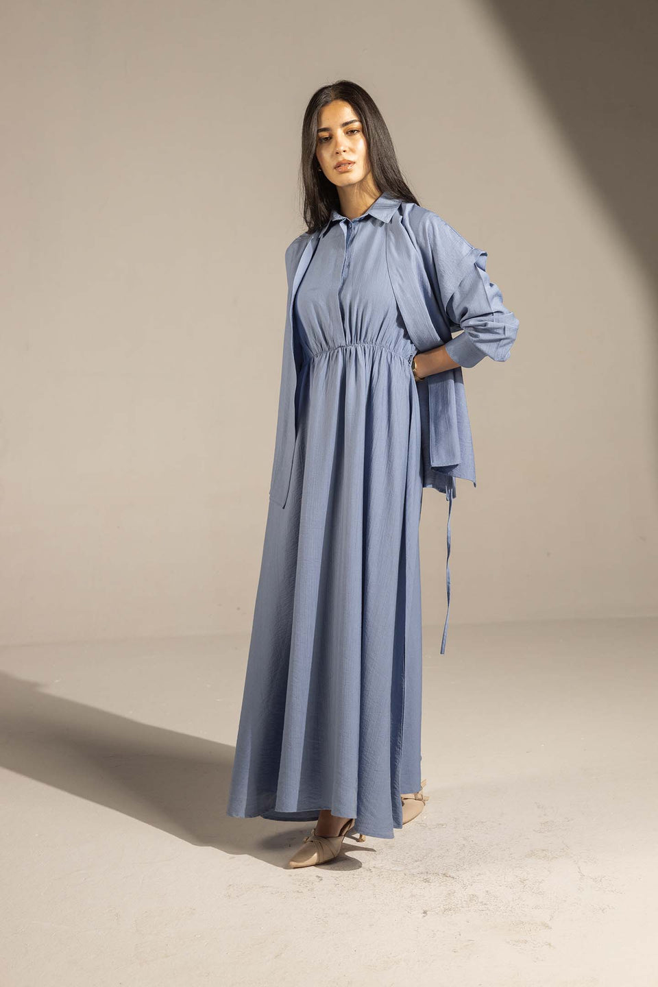 Blue Layered Dress with Wrap Cardigan