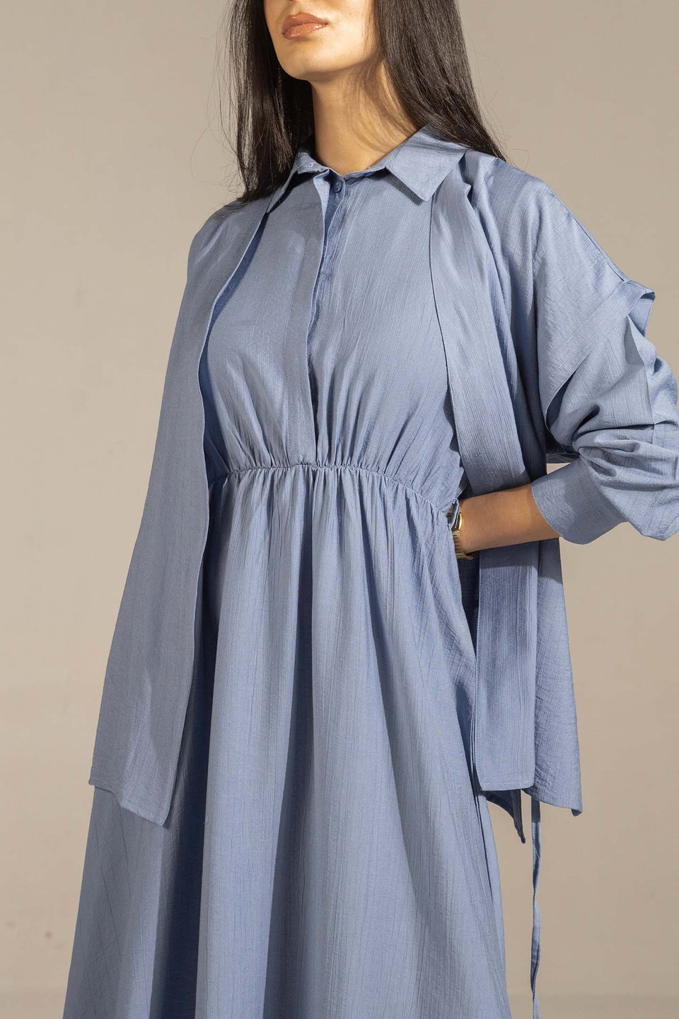 Blue Layered Dress with Wrap Cardigan