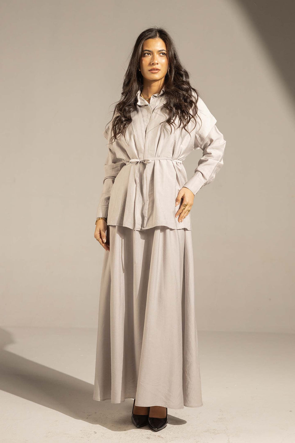 Grey Layered Dress with Wrap Cardigan