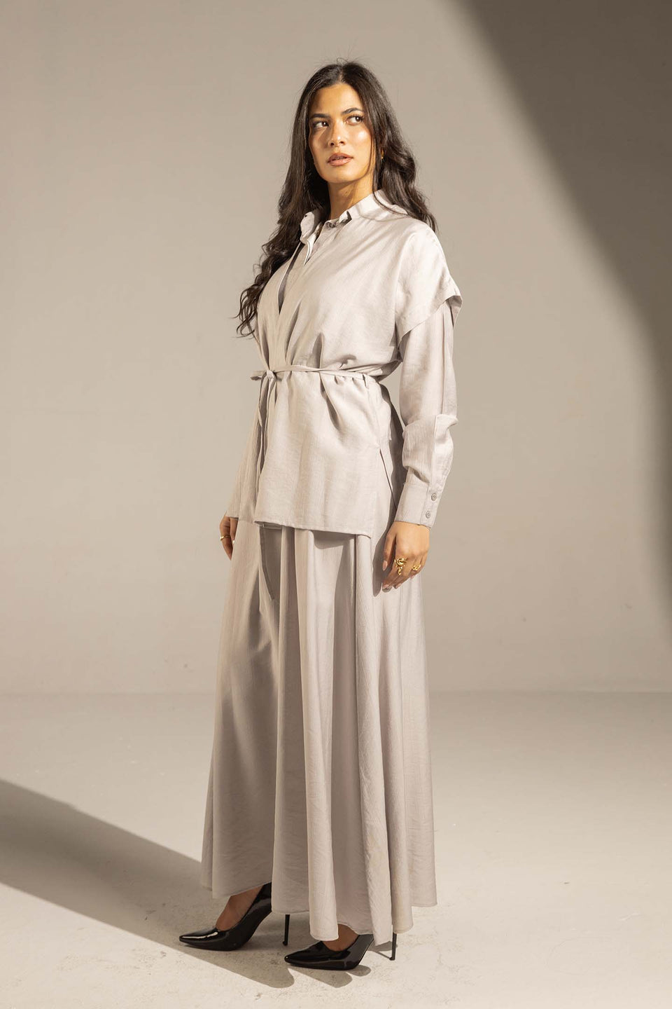 Grey Layered Dress with Wrap Cardigan