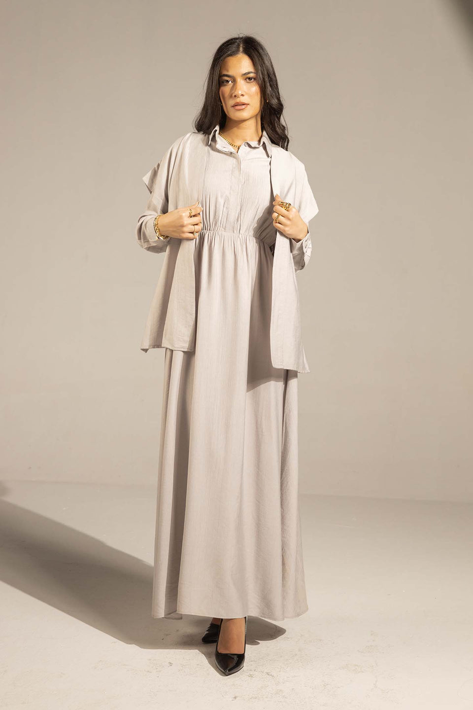 Grey Layered Dress with Wrap Cardigan