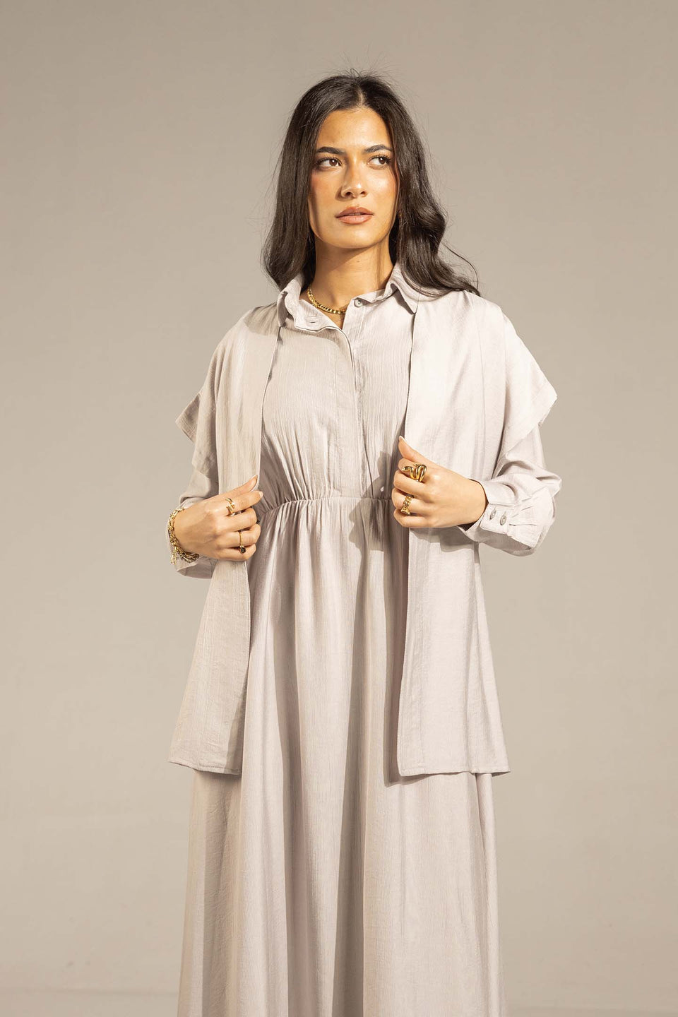 Grey Layered Dress with Wrap Cardigan