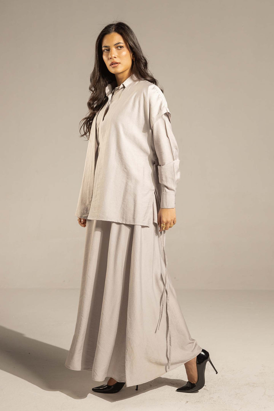 Grey Layered Dress with Wrap Cardigan