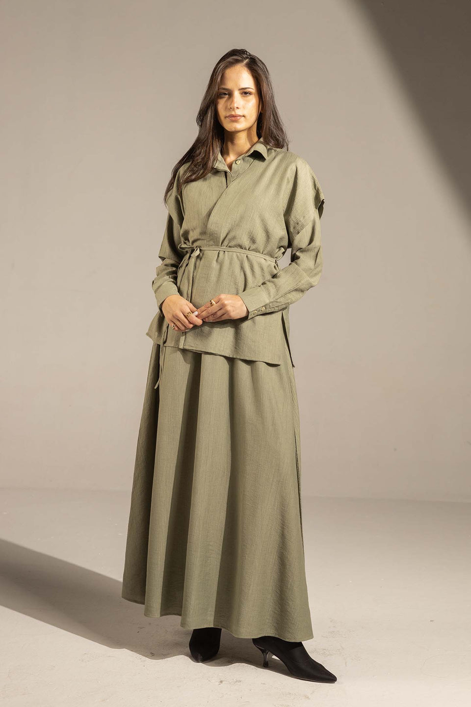Olive Layered Dress with Wrap Cardigan
