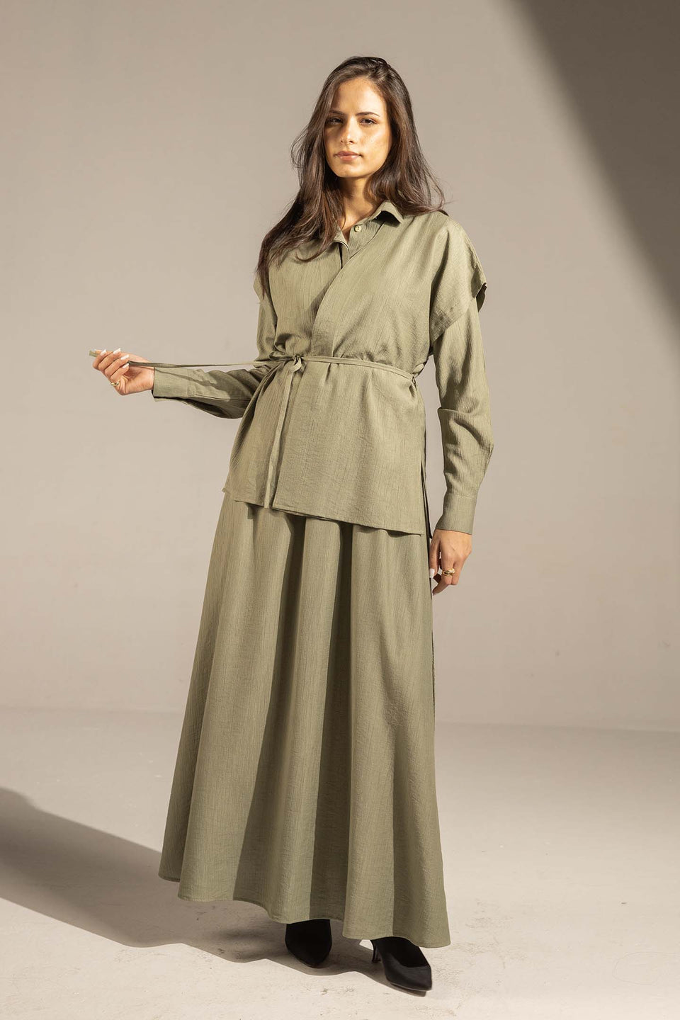 Olive Layered Dress with Wrap Cardigan