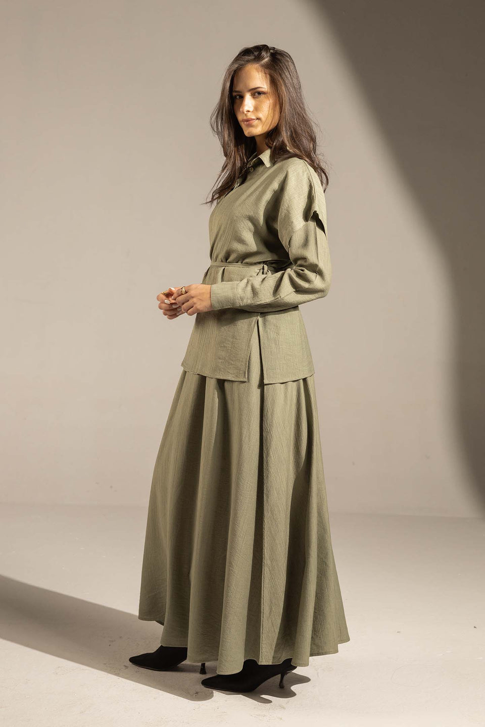Olive Layered Dress with Wrap Cardigan