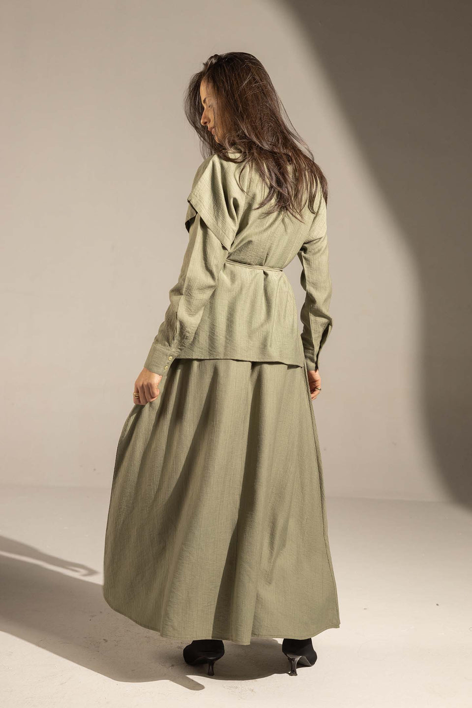 Olive Layered Dress with Wrap Cardigan