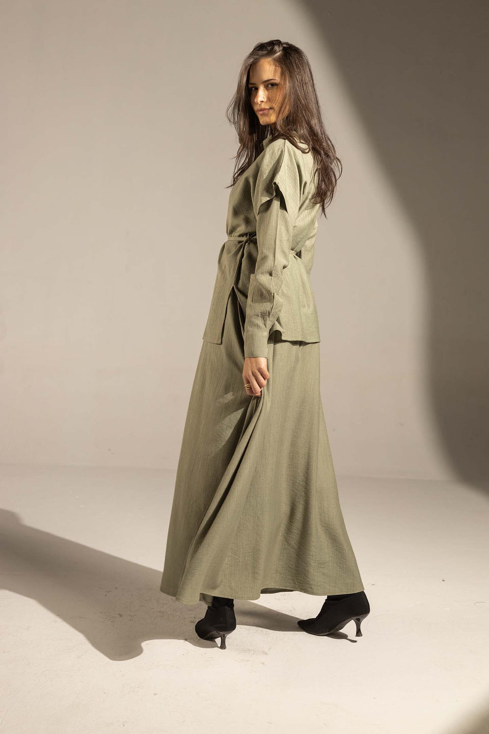 Olive Layered Dress with Wrap Cardigan