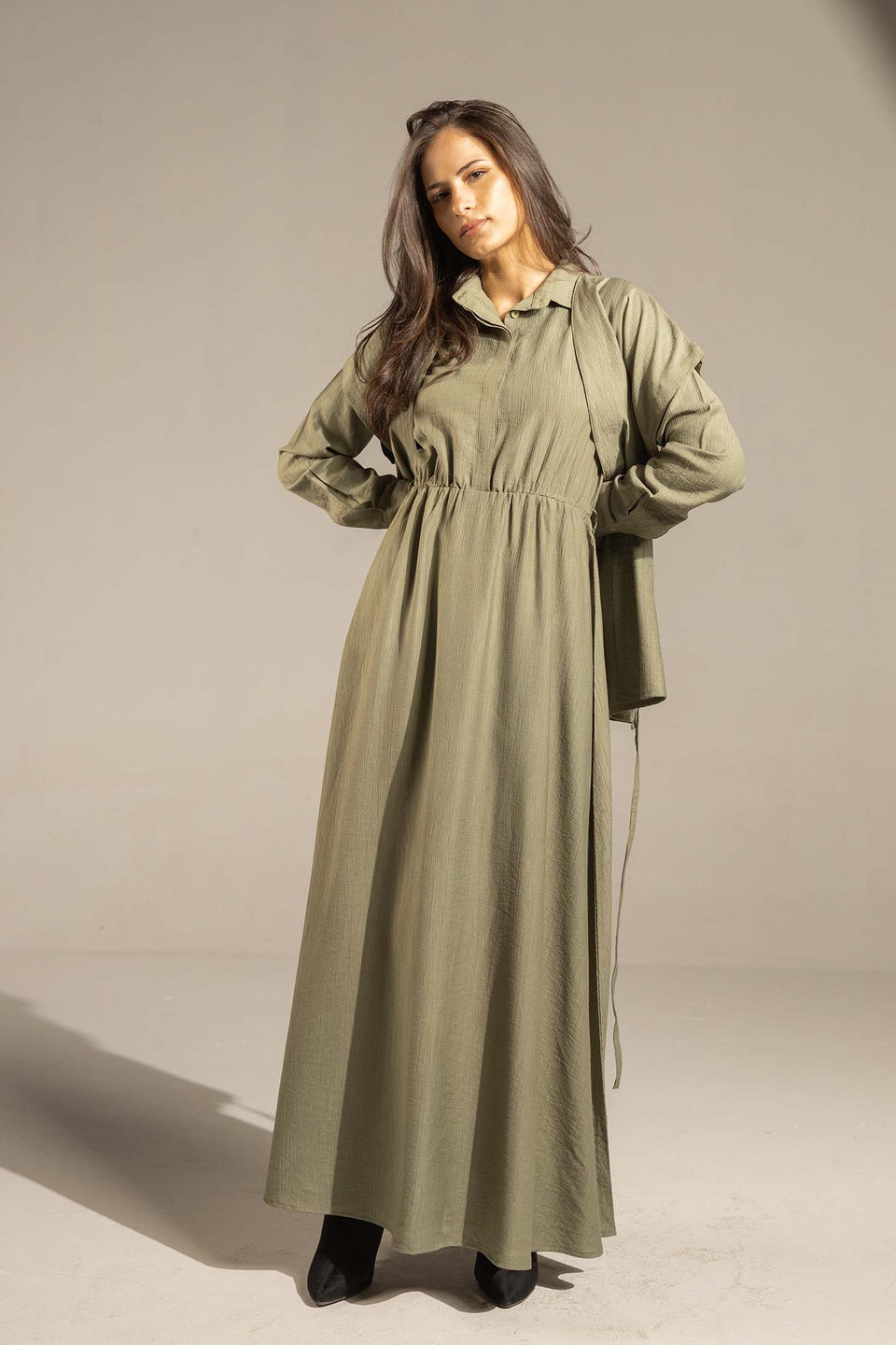 Olive Layered Dress with Wrap Cardigan