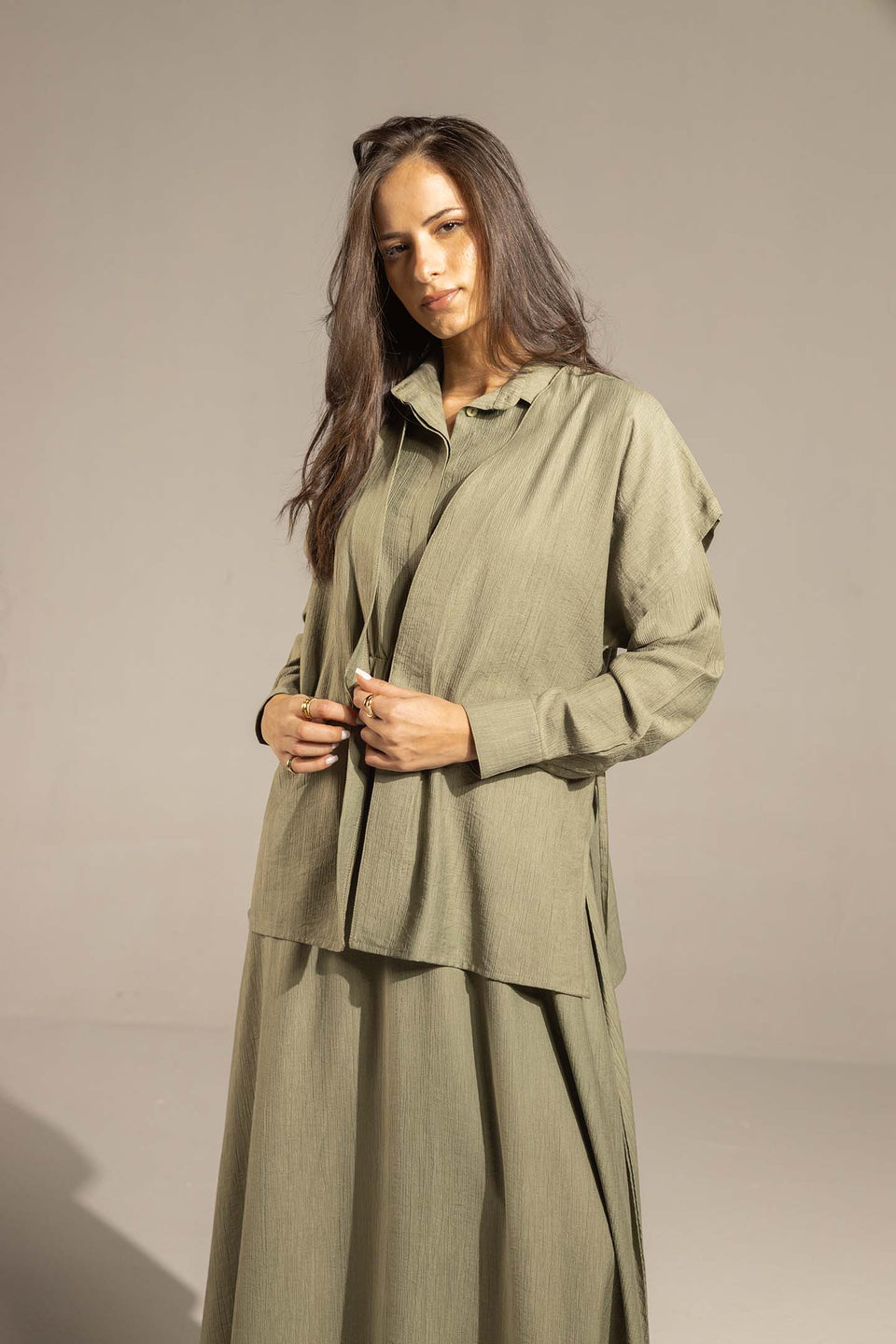 Olive Layered Dress with Wrap Cardigan