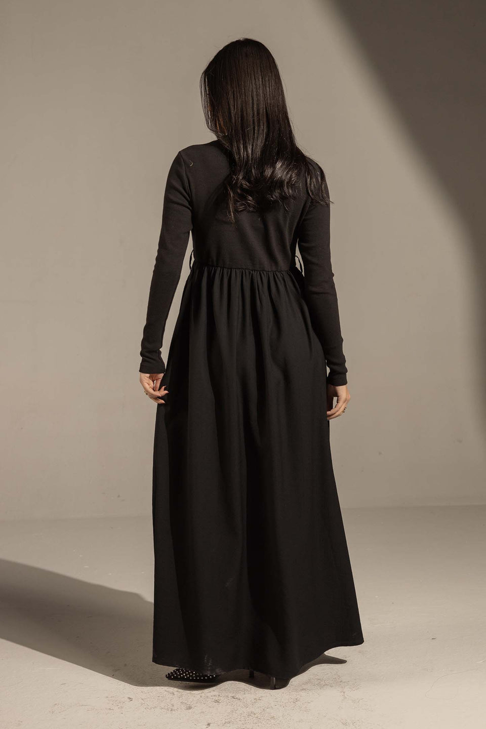 Black Button-Front Long Sleeve Maxi Dress