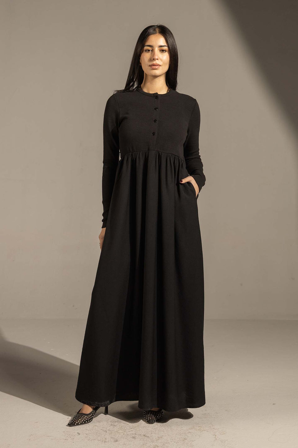 Black Button-Front Long Sleeve Maxi Dress