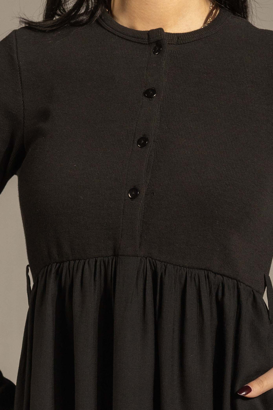 Black Button-Front Long Sleeve Maxi Dress