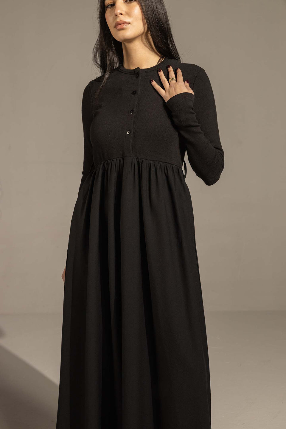 Black Button-Front Long Sleeve Maxi Dress