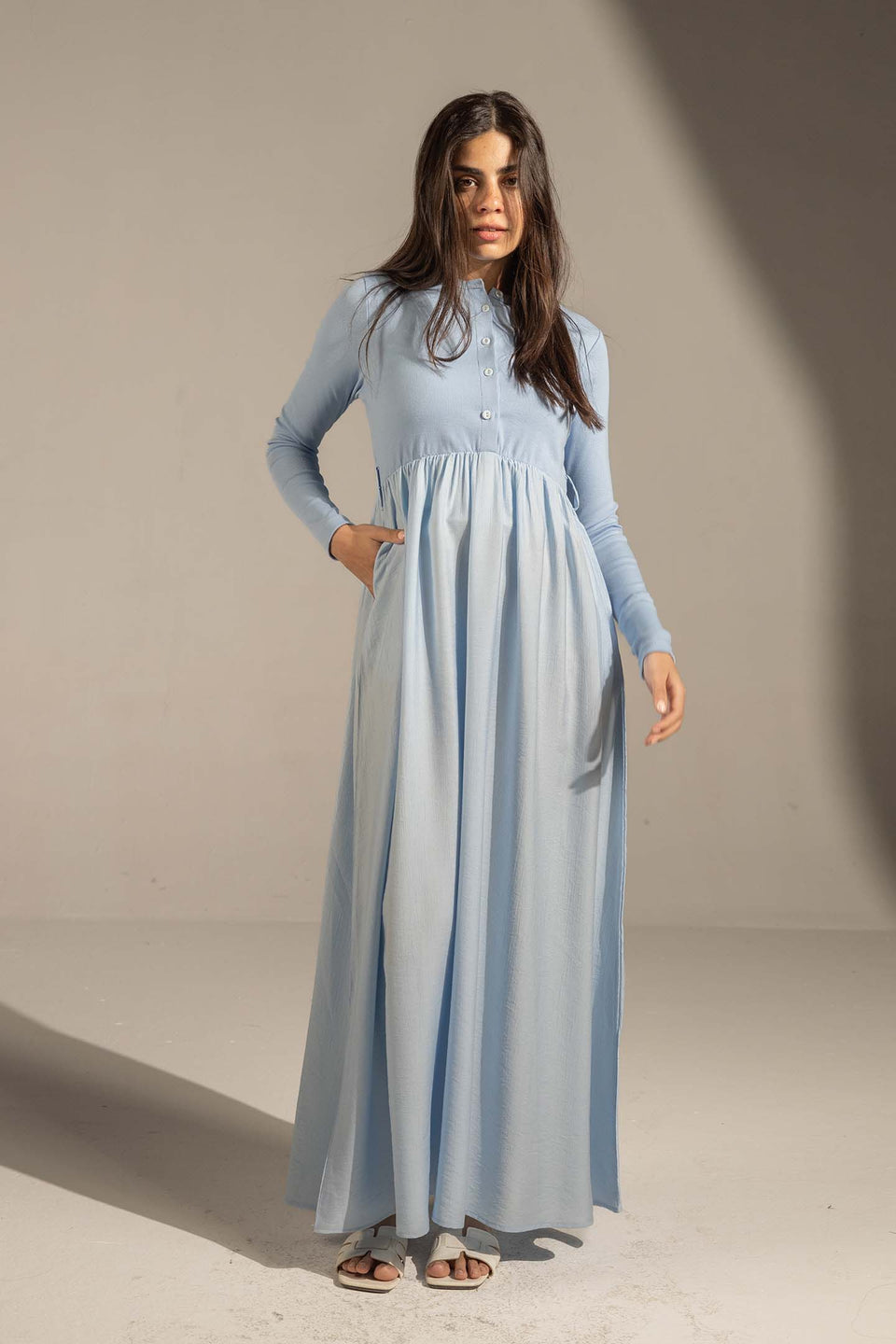 Blue Button-Front Long Sleeve Maxi Dress