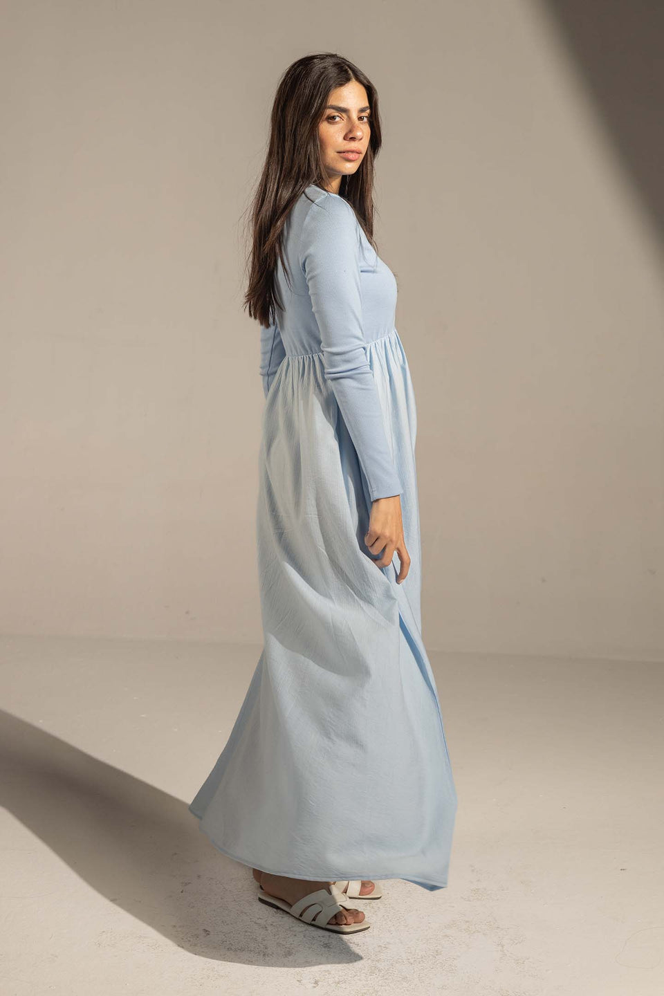 Blue Button-Front Long Sleeve Maxi Dress
