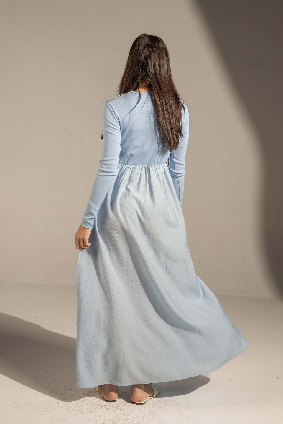 Blue Button-Front Long Sleeve Maxi Dress