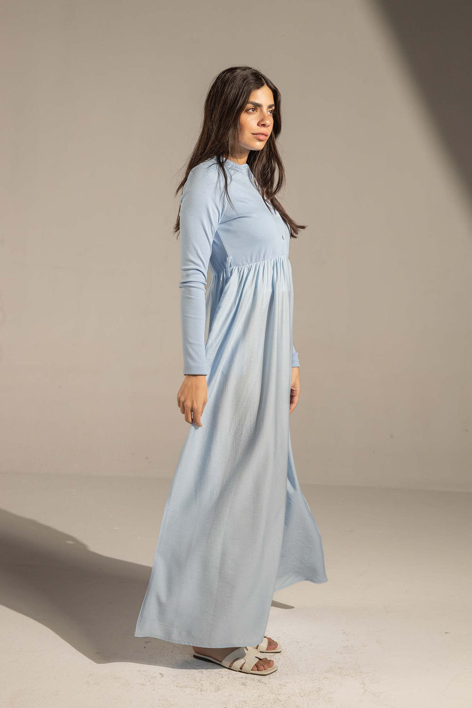 Blue Button-Front Long Sleeve Maxi Dress