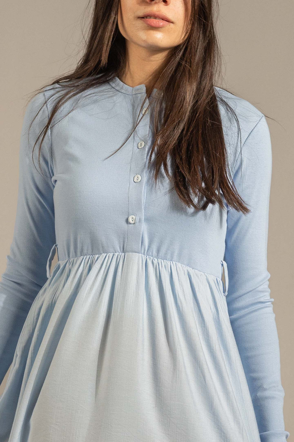 Blue Button-Front Long Sleeve Maxi Dress