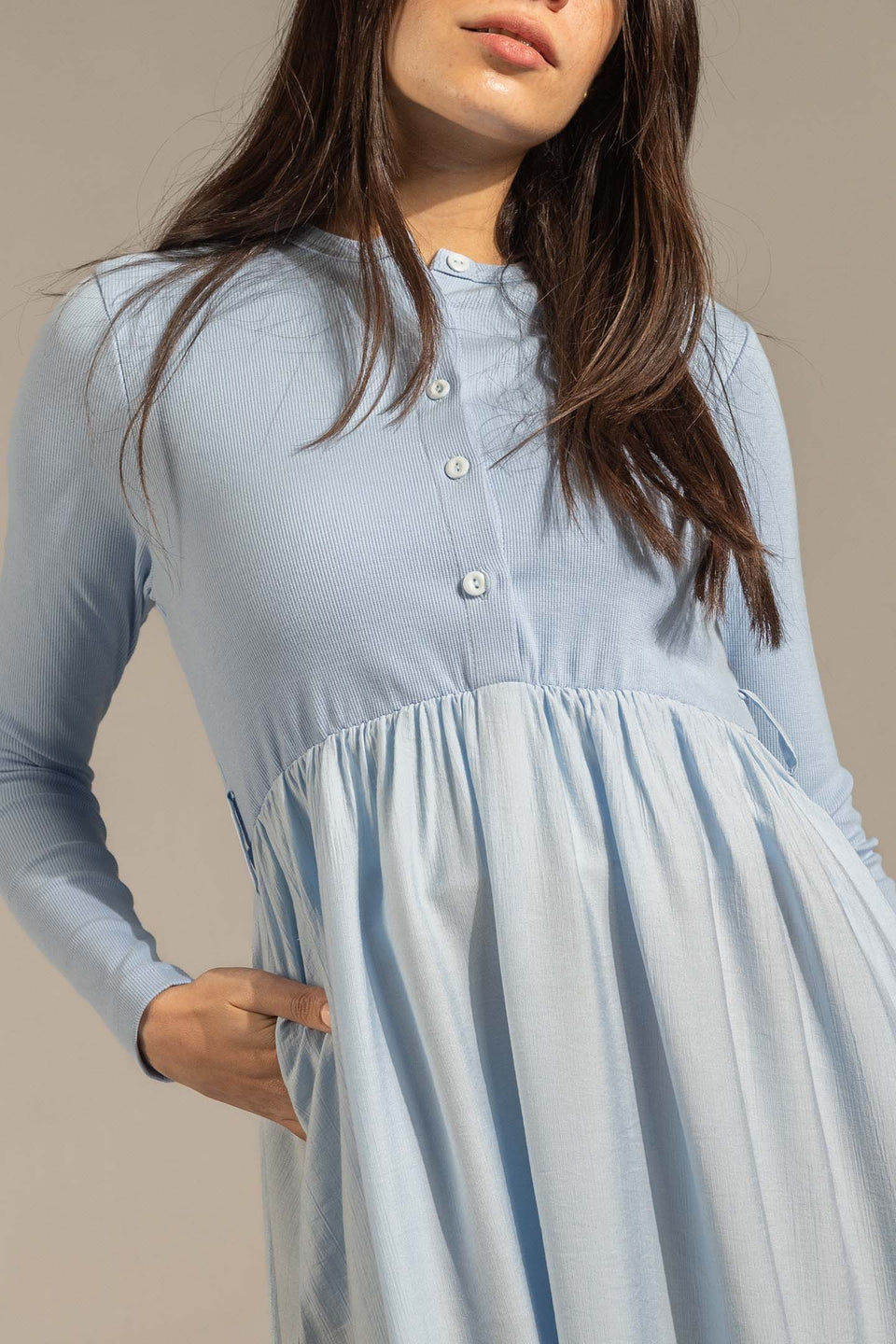 Blue Button-Front Long Sleeve Maxi Dress