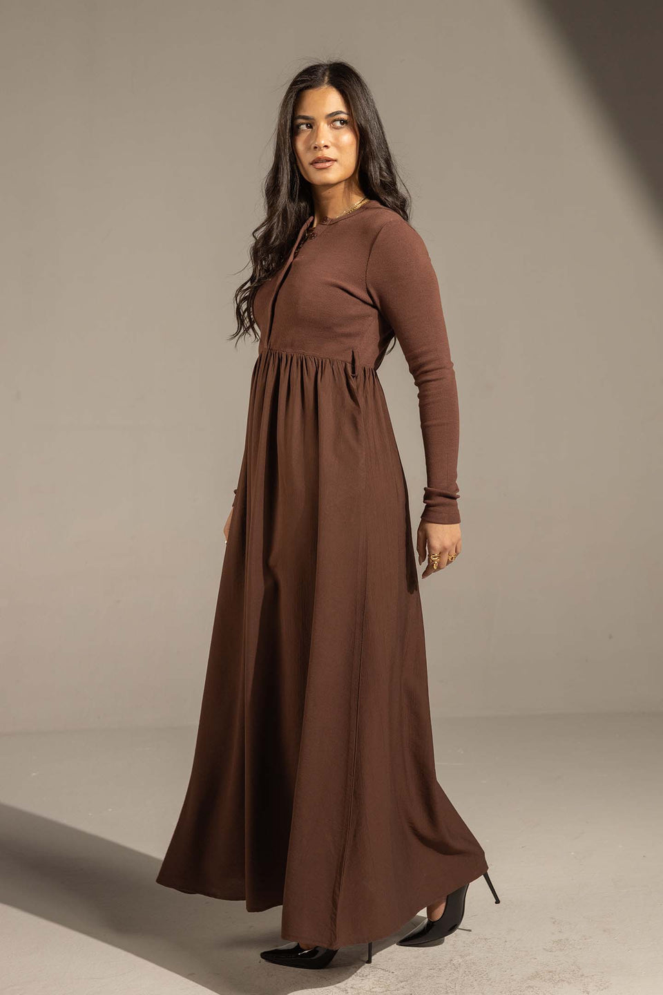 Brown Button-Front Long Sleeve Maxi Dress