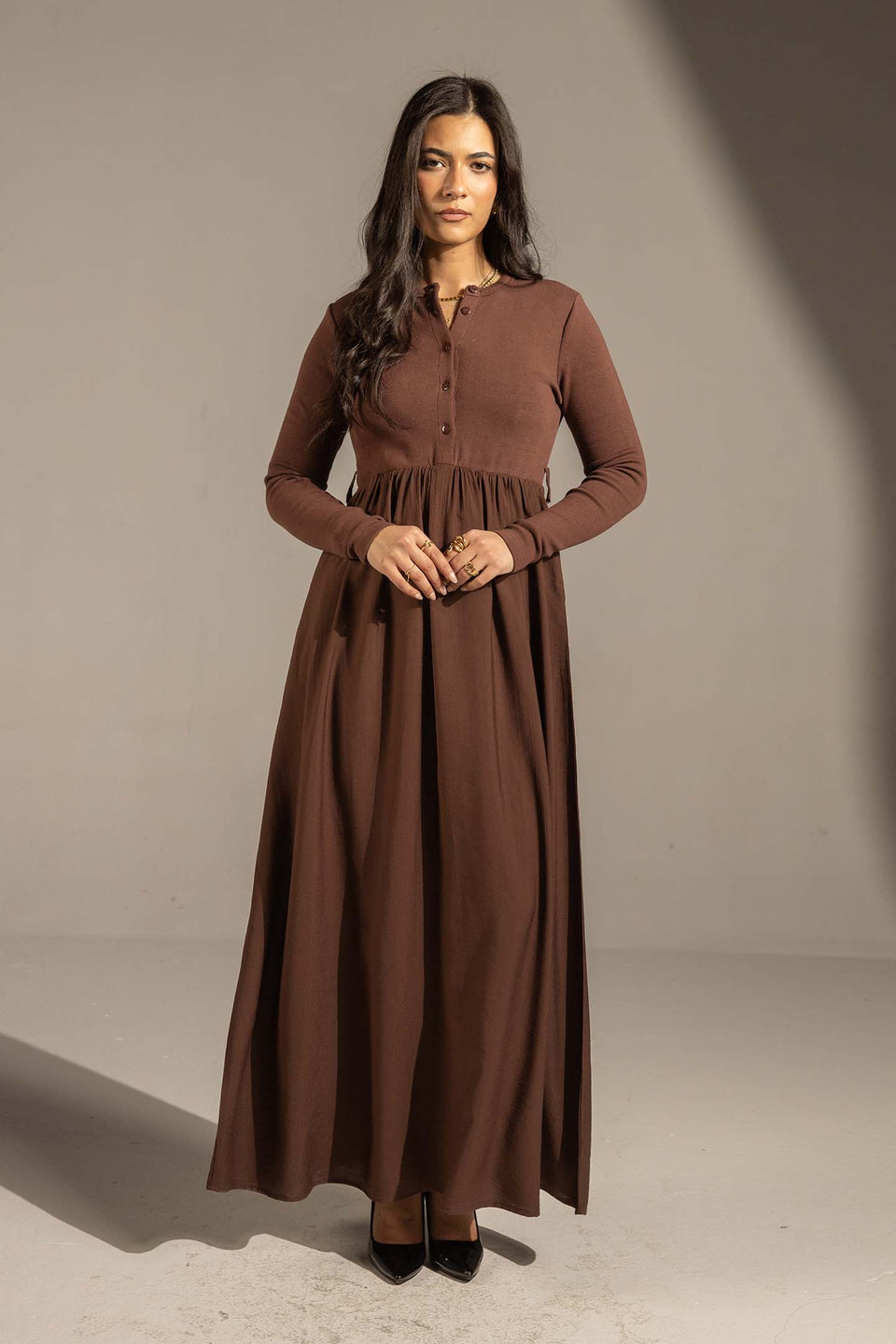 Brown Button-Front Long Sleeve Maxi Dress