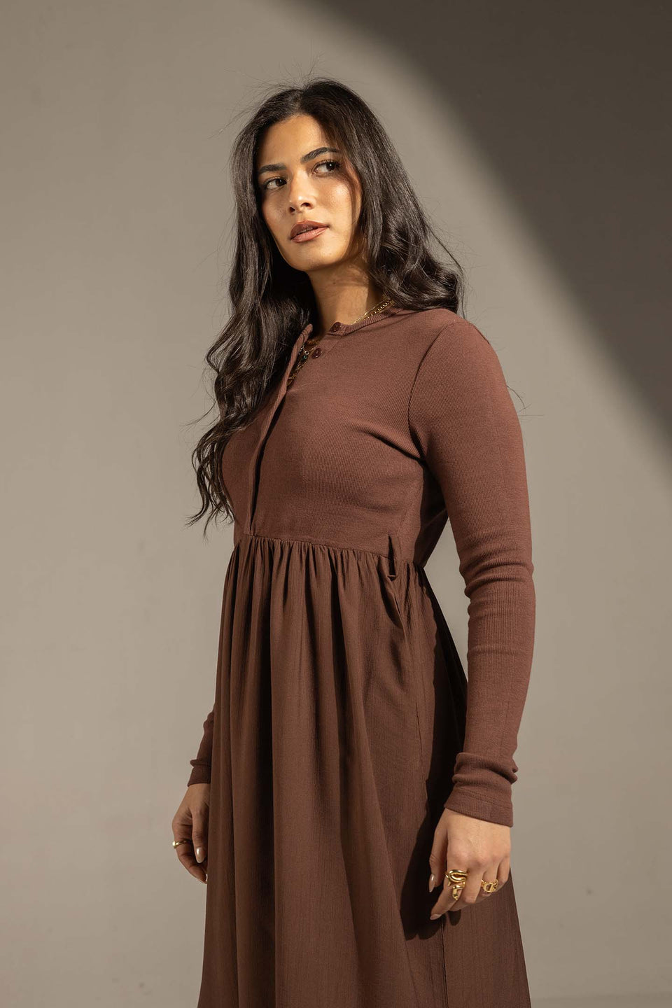 Brown Button-Front Long Sleeve Maxi Dress