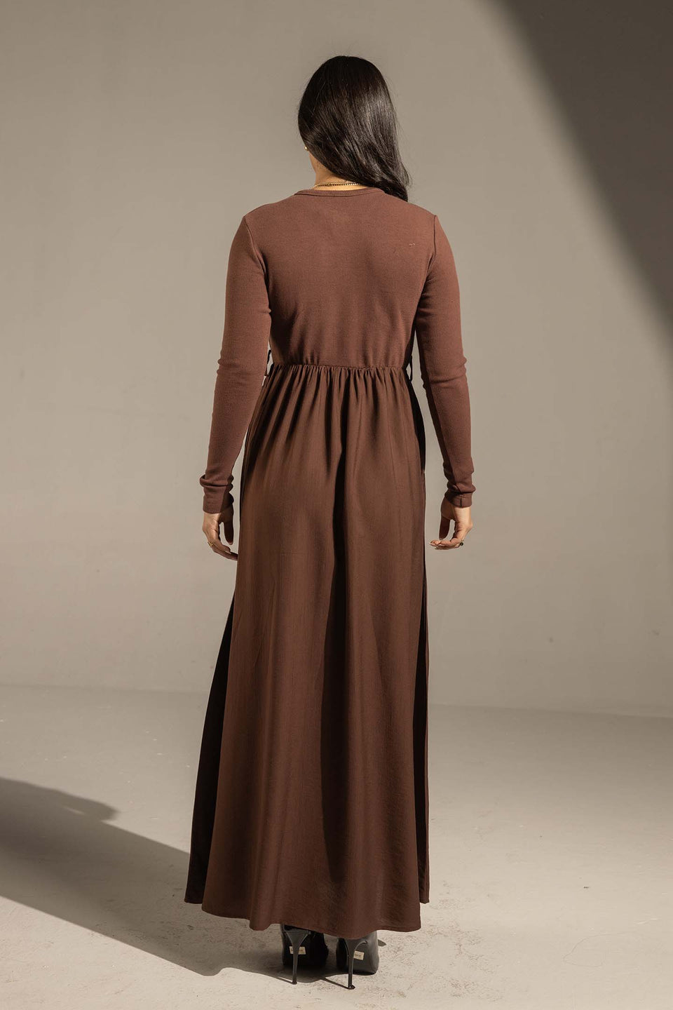 Brown Button-Front Long Sleeve Maxi Dress