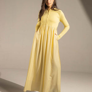 Yellow Button-Front Long Sleeve Maxi Dress