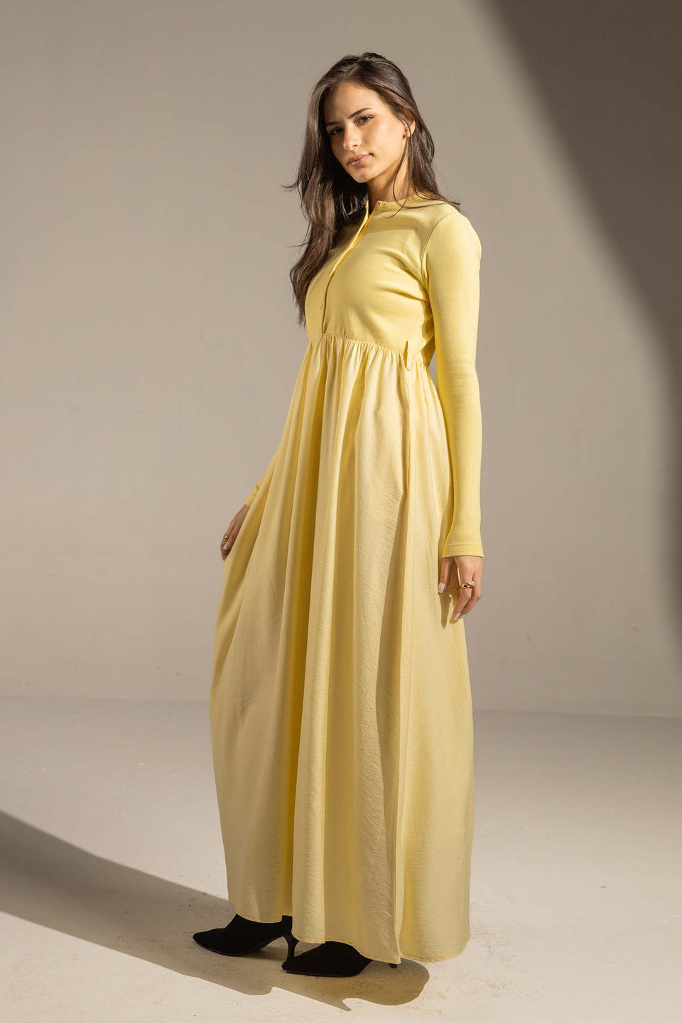 Yellow Button-Front Long Sleeve Maxi Dress