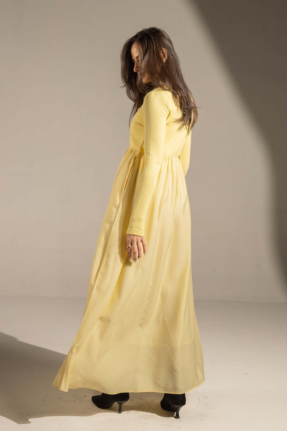 Yellow Button-Front Long Sleeve Maxi Dress