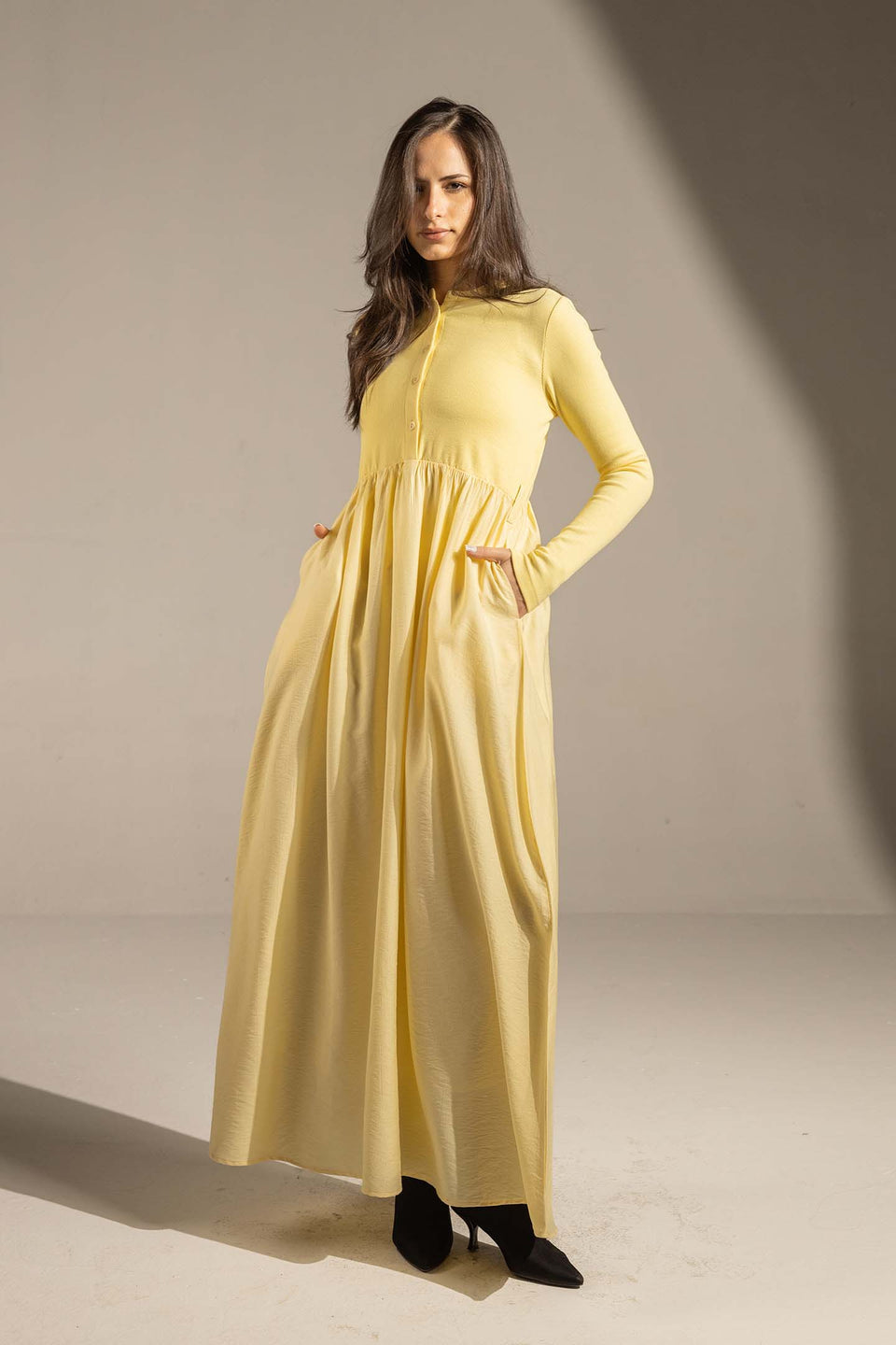 Yellow Button-Front Long Sleeve Maxi Dress