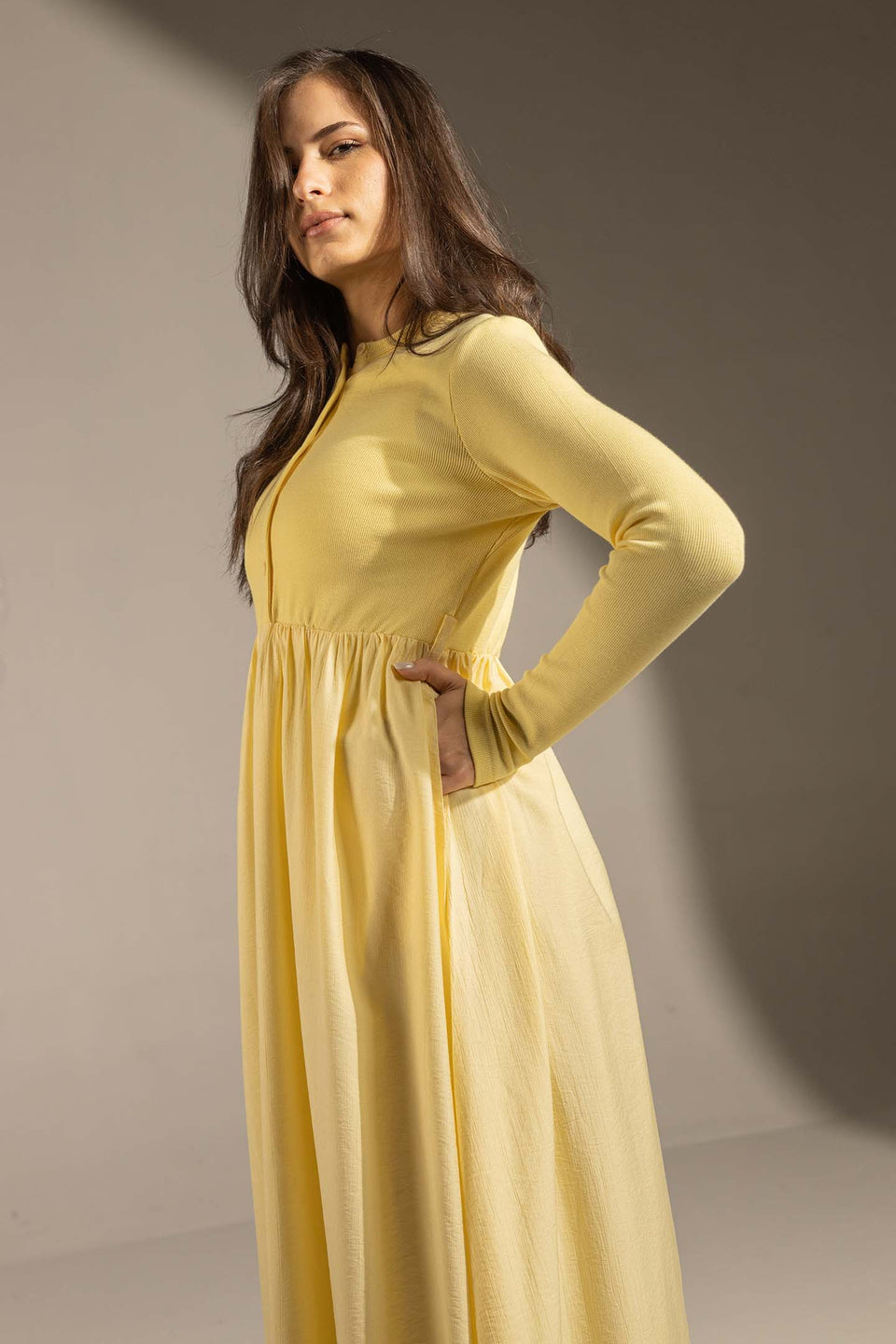 Yellow Button-Front Long Sleeve Maxi Dress