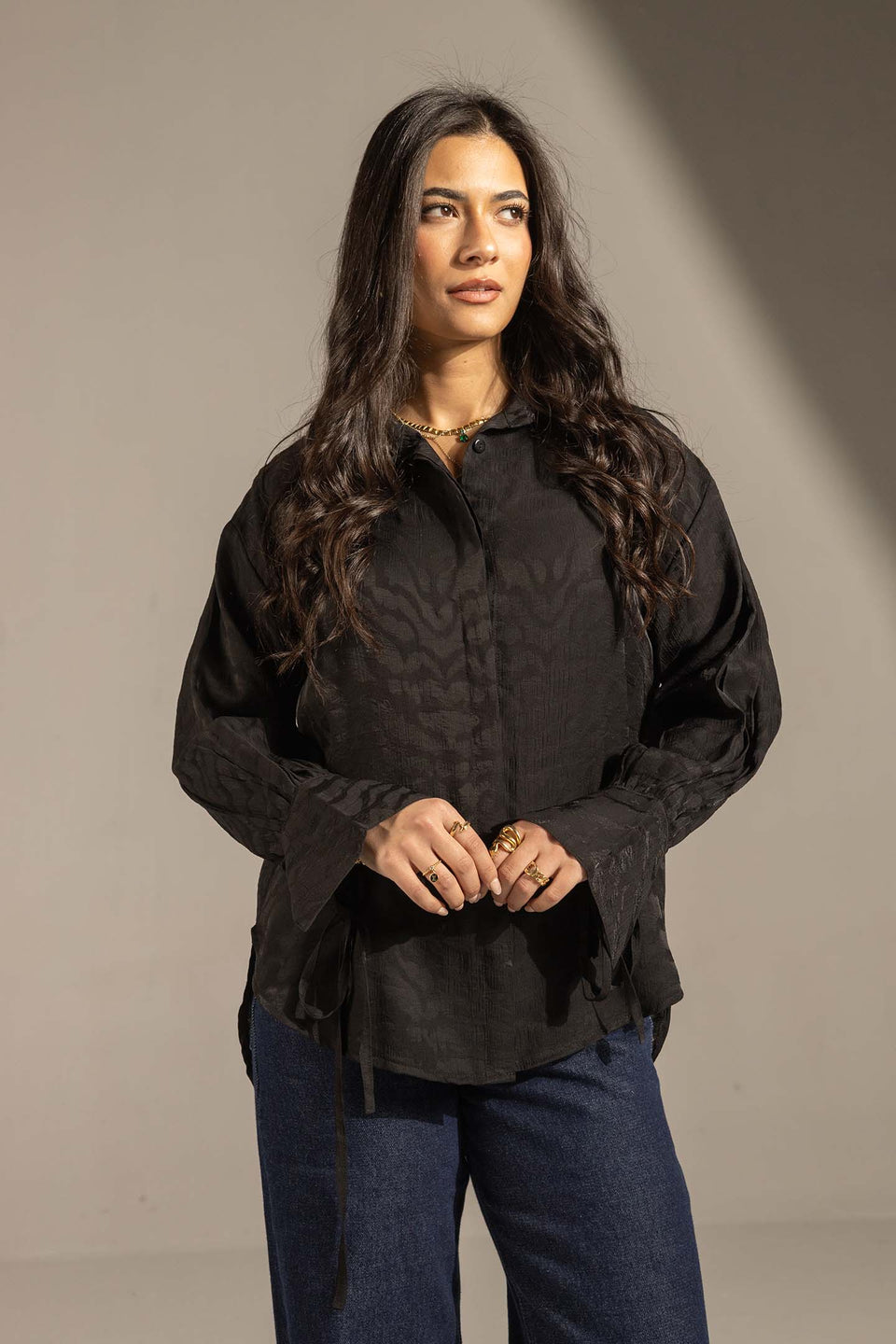 Black Textured Tie-Cuff Button-Up Blouse